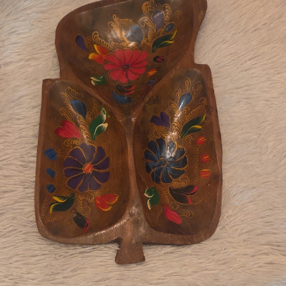 Handpainted Vintage Wooden Leaf Dish with Floral Design